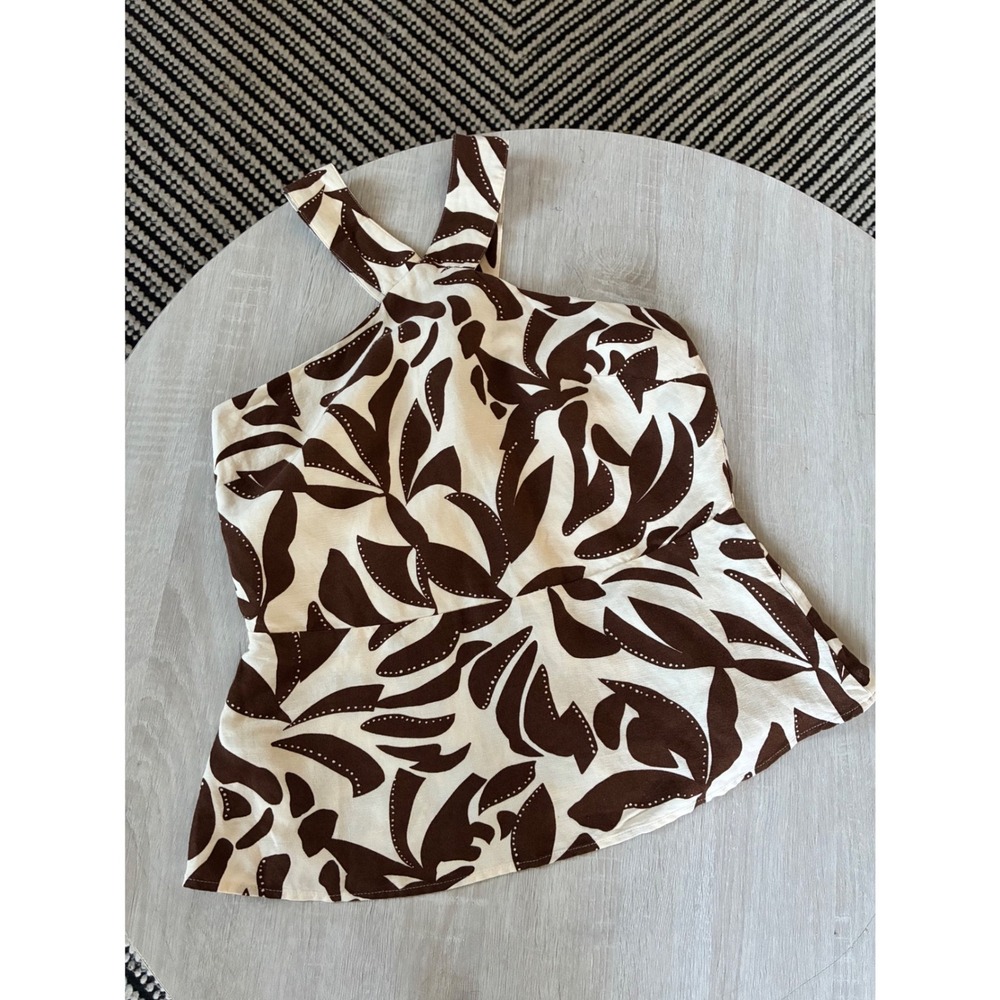 Ann Taylor‎ Factory Linen Blend Halter Top Brown Cream Leaf Print Peplum Size 4